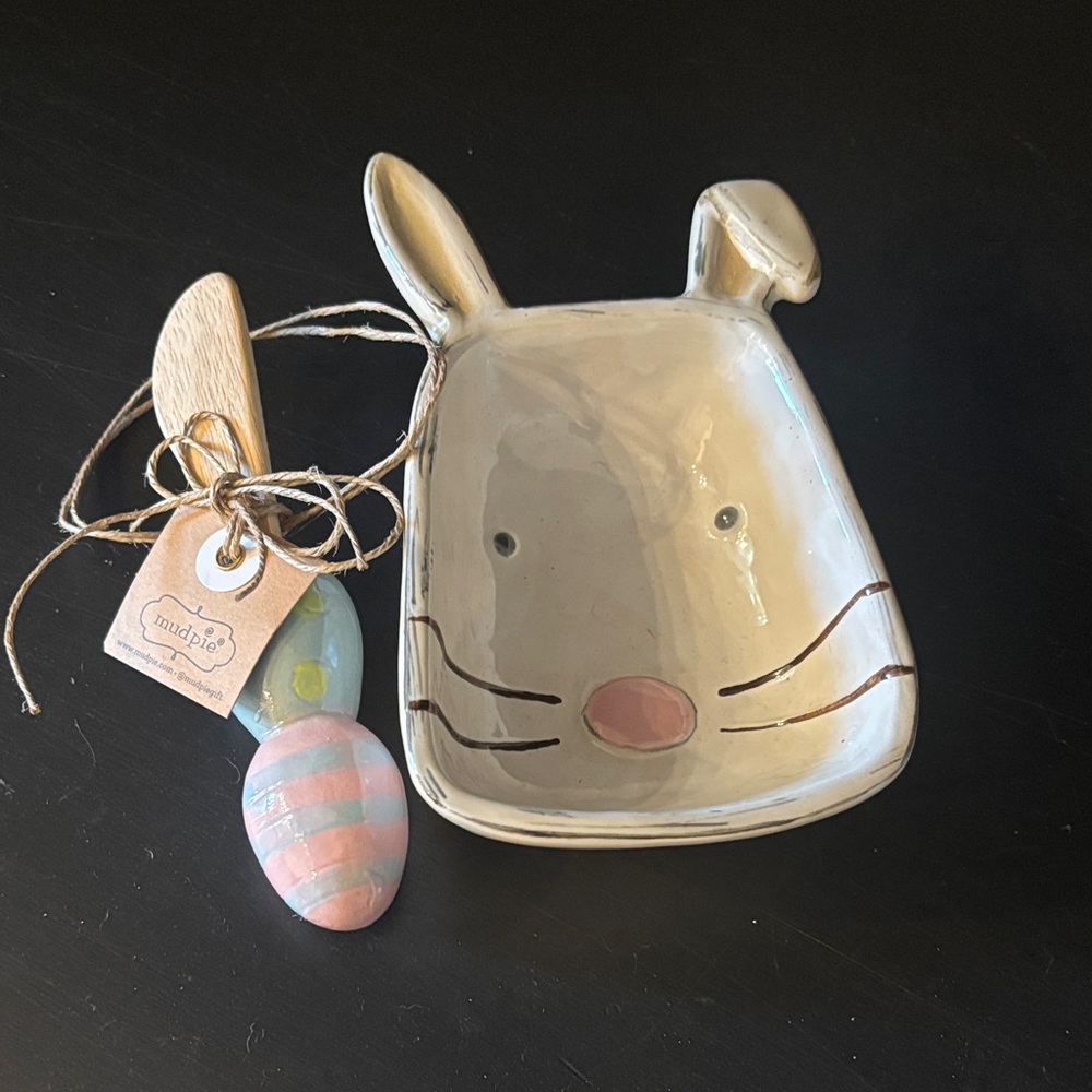 Mud Pie Bunny Ceramic Dish with Wooden Spoon - Picture 2 of 4
